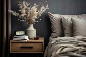 wooden bedside table with a vase of white flowers, books and an alarm clock, against a gray wall, generative ai photo