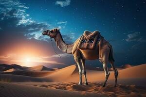 Camel standing in desert sand under dramatic sunset sky photo