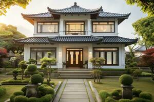 A two story Japanese style residential building with a green courtyard and trees. Real estate concept photo