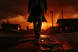 View of the legs of a noir detective leaving the city in the early morning red sunrise photo