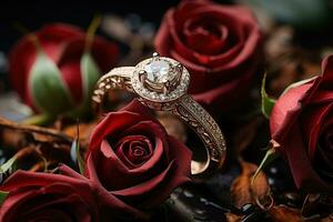 de cerca de hermosa Boda anillo con diamante en un antecedentes de rojo rosas foto