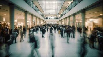 People in motion are blurred in the atrium of a shopping center. View above the crowd photo