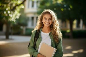 Young attractive curly haired female student smiling with a folder in her hands in a yard, generative ai photo