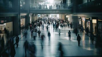 People in motion are blurred on the ground floor of a shopping center. View above the crowd photo