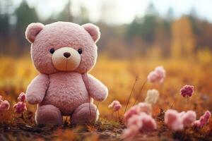 cute teddy pink teddy bear, on a blurred autumn background, generative ai photo