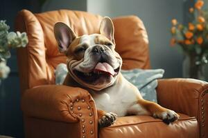 Happy big english bulldog sitting in a leather armchair with a pillow photo