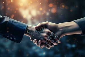 Handshake of two people, one of whom has cybernetic parts. The connection between man and cybernetics photo