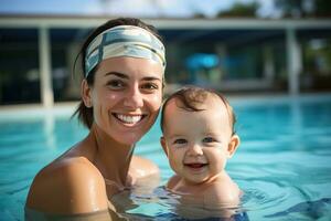 young woman swimming coach teaching baby to swim in the pool photo