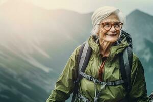Happy smiling senior woman in glasses walking in misty mountains photo