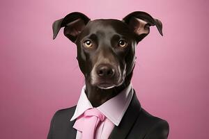 linda inteligente Delgado perro en un negocio traje con un rosado camisa y Corbata en un rosado antecedentes foto