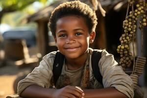 joven adorable africano chico sentado en un pueblo calle. foto