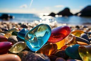 Shiny colorful nature polished pieces of glass and pebbles on the coastline under the bright sun photo