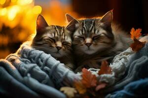 a pair of cute striped cats sleep together under a warm knitted blanket photo