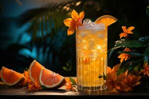 Highball glass with orange refreshing cocktail with ice on the background of tropical flowers and leaves, generative ai photo