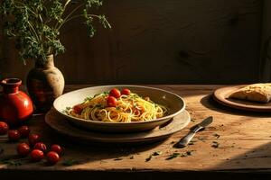 Tasty pasta with cherry tomatoes in a plate on a rustic old wooden table. photo