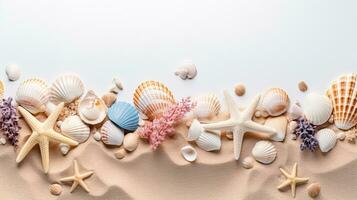 Sea themed horizontal banner with starfish, sand, sea shells, top view with copy space photo