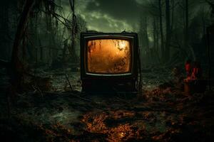 An old TV with a glowing yellow screen against the backdrop of a dirty dark scary forest photo