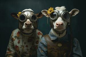 Two cows in futuristic post apocalyptic masks and human clothes photo