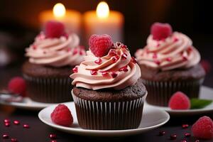 closeup delicious chocolate muffin with pink cream and raspberries photo