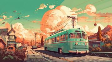 vintage travel, digital art illustration, Generative AI photo