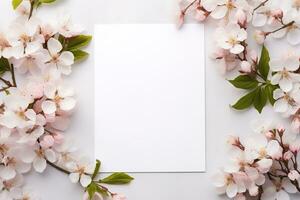 beautiful flower background mockup white blank rectangular card surrounded by cherry blossoms photo