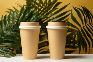 Two disposable cardboard cups with lids on a white table against a background of palm leaves and a yellow wall photo