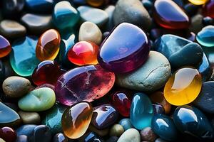 Top view of shiny colored natural polished glass pieces and pebbles. Zen background photo