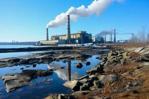 Coal fired power plants casting stark shadows in an industrialized zone photo