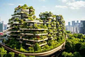 Green skyscrapers with rooftop gardens creating an eco friendly urban skyline photo