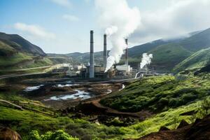 Geothermal power station in volcanic area background with empty space for text photo