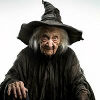 Elderly Gray haired wrinkled woman in a black witch outfit isolated on white. Halloween conception photo