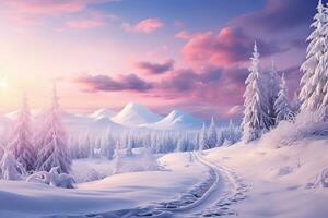 fabulous winter landscape, snowy forest, fir trees, mountains, pink clouds, dawn photo