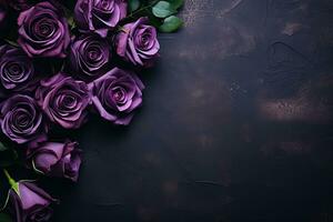 violet roses border frame on dark wooden background top view, floral template with copy space photo