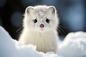 portrait of a cute tiny white winter weasel in the snow on a blurred background photo