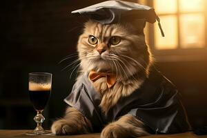 Serious cute fluffy tabby cat graduate in a square academic hat with a glass of dark beer on a blurred background. photo