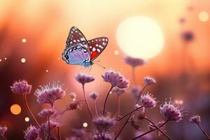 beautiful butterfly on small lilac flowers at sunset or dawn close up photo