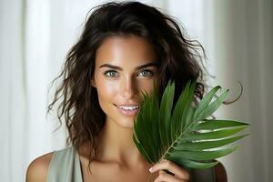 Portrait of a young attractive smiling brunette woman holding a small palm leaf in her hand photo