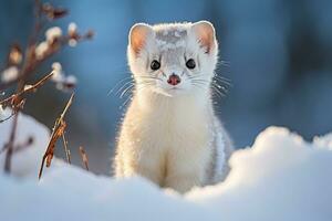 Cute tiny white winter weasel in the snow on a blurred background of a snowy forest photo