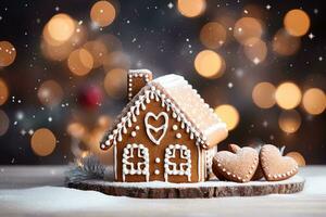 Christmas gingerbread house with bokeh lights garland with snowfall photo