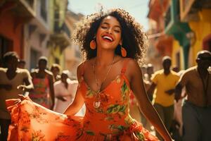 Young happy smiling beautiful cuban woman dancing on city streets in orange dress photo