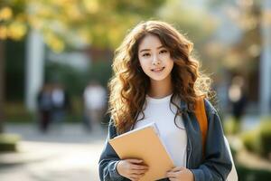 Young attractive female student smiling with a folder in her hands. Nice wavy haired asian woman. photo