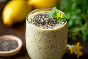 delicioso vegetariano desayuno zalamero con chia semillas en el mesa cerca arriba foto