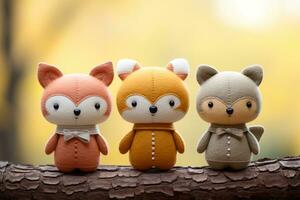 three cute felt fox toys on a blurred background photo