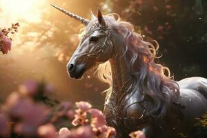 a silver magical unicorn with a pink mane stands in the garden among flowers at sunset photo