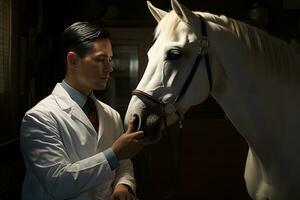Young professional veterinarian in a white coat holding a horse by the lower part of its muzzle photo