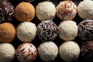 Top view of different brazilian coconut sweets background. tasty background. photo