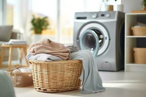 Laundry basket on blurred background of modern laundry room with washing machine photo