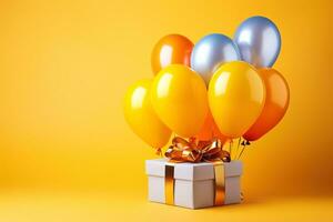 White gift box with golden ribbons and a bunch of colorful balloons on a yellow background photo