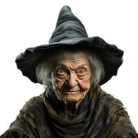 gray haired elderly wrinkled woman with short hair wearing a black witch costume, isolated on white. Halloween concept photo