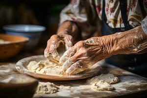 closeup of the hands of an elderly woman making dough on a wooden table photo